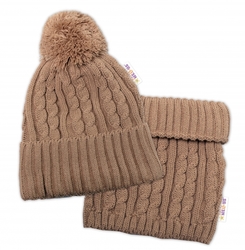 Zimní čepice s bambulí + komínek Baby Nellys - béžová, vel. 48-52cm