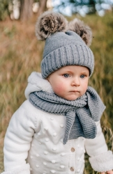 Zimní čepice s kožešinovými bambulemi + šál Baby Nellys Star - šedá, 6/24 měsíců 