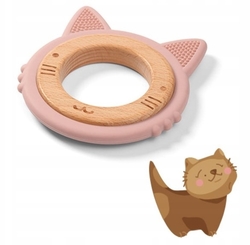Dřevěné, silikonové kousátko BabyOno - Kočička, pudrové