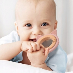 Dřevěné, silikonové kousátko BabyOno - Kočička, pudrové
