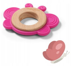 Dřevěné, silikonové kousátko BabyOno - Motýlek, růžové