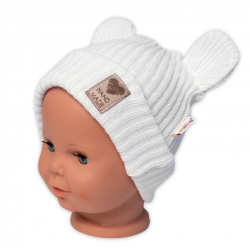 Pletená bavlněná čepice s oušky, dvouvrstvá, Hand Made Baby Nellys, bílá