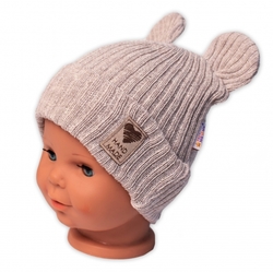 Pletená bavlněná čepice s oušky, dvouvrstvá, Hand Made Baby Nellys, béžová