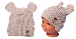 Pletená bavlněná čepice s oušky, dvouvrstvá, Hand Made Baby Nellys, béžová