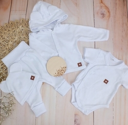 Novorozenecká sada 4D, body kr. rukáv, tepláčky, kabátek a čepička Z&amp;Z, bílá