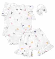 Zavinovací body, kraťasky + čelenka, mušelín, Srdíčko, Baby Nellys, smetanové, vel. 86