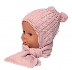 Zimní čepice na zavazování s bambulky + šál, Baby Nellys - pudrově růžová