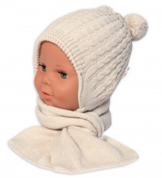 Zimní čepice na zavazování s bambulky + šál, Baby Nellys - béžová