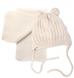 Zimní čepice na zavazování s bambulky + šál, Baby Nellys - béžová