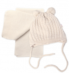 Zimní čepice na zavazování s bambulky + šál, Baby Nellys - béžová, vel. 74/80
