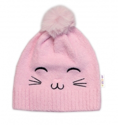 Zimní čepice s bambulí + šál, Kitty, Baby Nellys - růžová, vel. 54/58