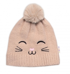 Zimní čepice s bambulí + šál, Kitty, Baby Nellys - cappuccino, vel. 54/58