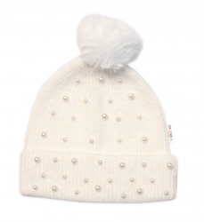 Zimní čepice s bambulí + šál, Pearls, Baby Nellys - smetanová, vel. 54/58
