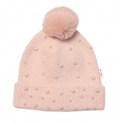 Zimní čepice s bambulí + šál, Pearls, Baby Nellys - pudrově růžová, vel. 54/58