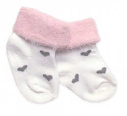 Bavlněné dětské ponožky s chlupáčkovým lemem, Srdíčka - bílé, vel. 80/86, 1 pár