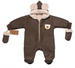 Oteplená pletená kombinéza s rukavičkama Teddy Bear, Baby Nellys, dvouvrstvá, hnědá,vel.62