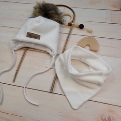 Zimní dvouvrstvá čepice na zavazování s bambulí z kožešinky + šátek Z&amp;Z, bílá, vel. 68/74