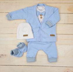 Bavlněná sada, body, kalhoty, motýlek a čepice Elegant Boy 5D, Kazum, modrá/bílá