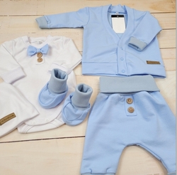 Bavlněná sada, body, kalhoty, motýlek a čepice Elegant Boy 5D, Kazum, modrá/bílá, vel. 74