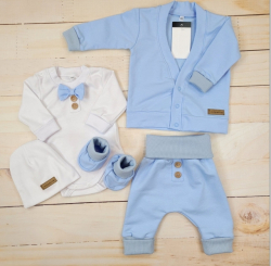 Bavlněná sada, body, kalhoty, motýlek a čepice Elegant Boy 5D, Kazum, modrá/bílá, vel. 80