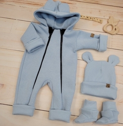 Oteplený dětský overal bez šlapek s kapucí, čepička + botičky, 3D, Kazum, modrý