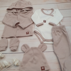 Sada do porodnice 5D, body, polodupačky, kabátek, čepička, rukavičky, béžová, vel. 50