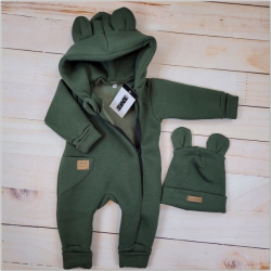 Oteplený dětský overal bez šlapek s kapucí + čepička, 2D, khaki, vel. 62