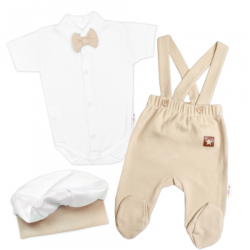 Bavlněná souprava Gentleman 3D, body kr. rukáv, polodupačky s láclem, čepička, béžová/bílá