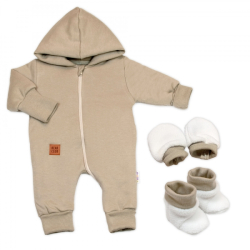 Bavlněný oteplený overálek s kapucí, rukavičky, botky, 3D sada Nature - taupe, vel. 74