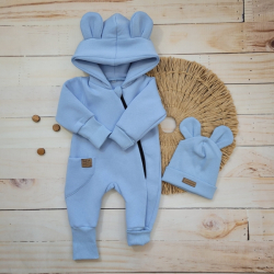 Oteplený dětský overal bez šlapek s kapucí + čepička, 2D, modrý
