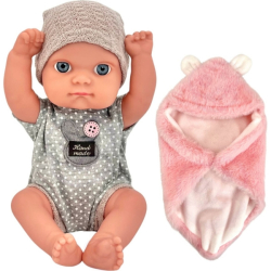 Panenka Baby Doll 23 cm se zavinovací dekou, šedá/růžová