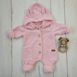 Dětský pletený overálek s odepínací kapucí - baby pink