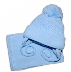 BABY NELLYS Zimní čepička se šálou - modrá s velkou bambulkou