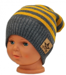 BABY NELLYS Podzimní/zimní proužkovaná čepice - šedo/žlutá