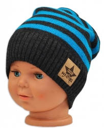 BABY NELLYS Podzimní/zimní proužkovaná čepice -grafit/tyrkys