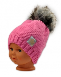 BABY NELLYS Zimní čepička s bambulkou - růžová