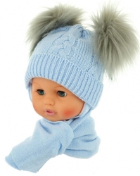 BABY NELLYS Zimní čepička s šálou - chlupáčkové bambulky - sv. modrá