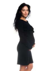 Be MaaMaa Těhotenské/kojící šaty s volánkem, dlouhý rukáv - černé, vel. XL