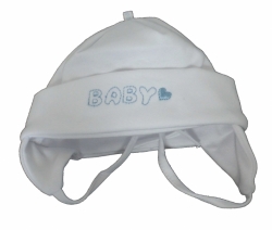 Čepice kojenecká bavlna - BABY bílá s modrým nápisem 