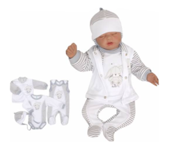 Souprava kojenecká 4-dílná bavlna - ZAJÍČEK A PROUŽKY bílo-šedá 