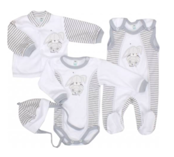 Souprava kojenecká 4-dílná bavlna - ZAJÍČEK A PROUŽKY bílo-šedá 