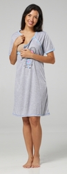 Těhotenská/Kojící noční košile krátký rukáv bavlna - MYŠKA šedá s modrou - BeMaaMaa