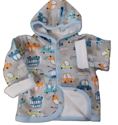 Kabátek kojenecký bavlna podšitý - AUTÍČKA na šedém s modrou 