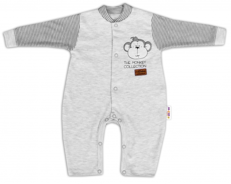 Baby Nellys Bavlněný overálek bez šlapek Monkey - sv. šedý melírek, vel. 86