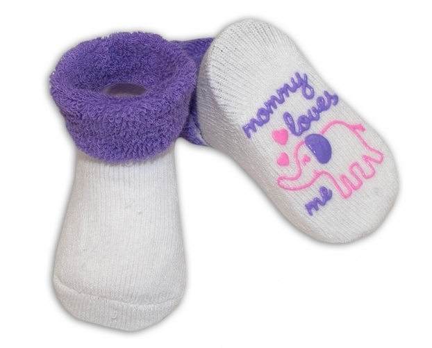 Ponožky kojenecké froté protiskluzové - ZVÍŘÁTKA bílé s fialovou