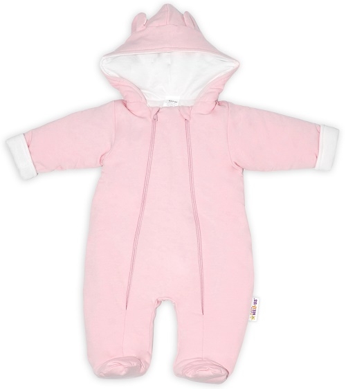 Baby Nellys ® Kombinézka s dvojitým zapínáním, s kapucí a oušky, sv. růžová