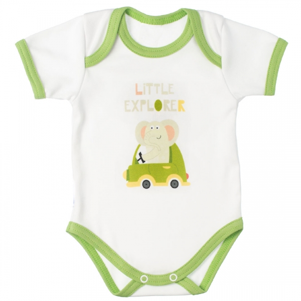 MBaby Bavlněné body s krátkým rukávem, Slůně Little Explorer, bílo/zelené