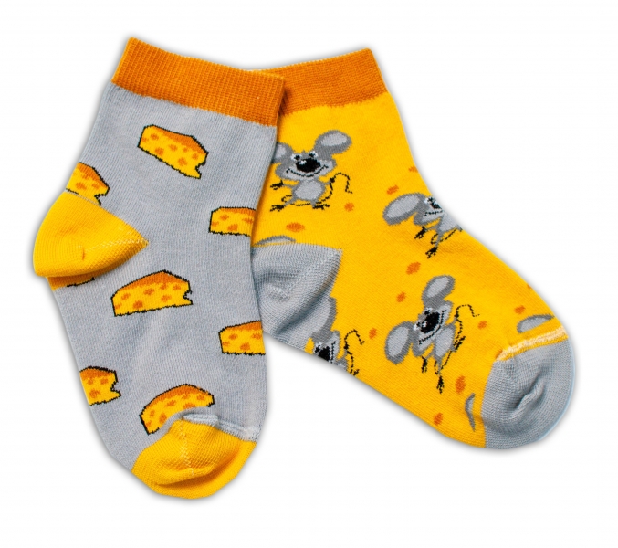 Baby Nellys Bavlněné veselé ponožky Myška a sýr - žlutá/šedá, ve