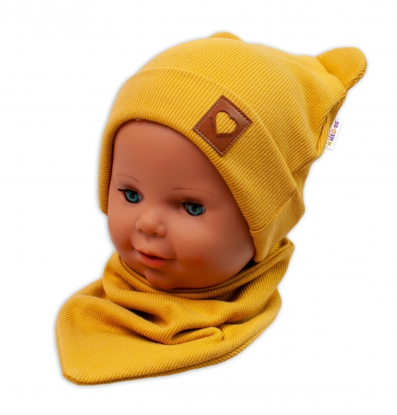 Baby Nellys Žebrovaná dvouvrstvá čepice s oušky + šátek TEDDY -