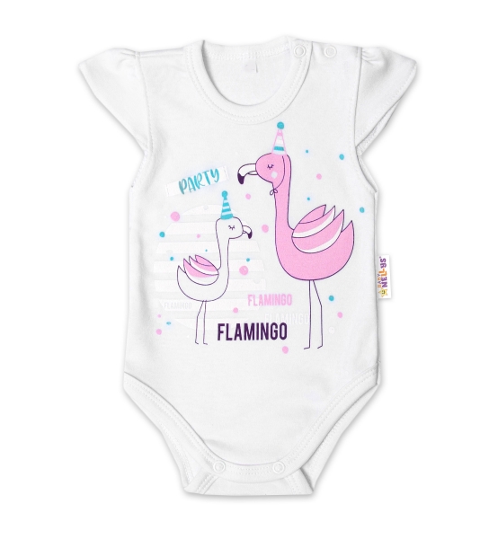 Baby Nellys Bavlněné kojenecké body, kr. rukáv, Flamingo - bílé